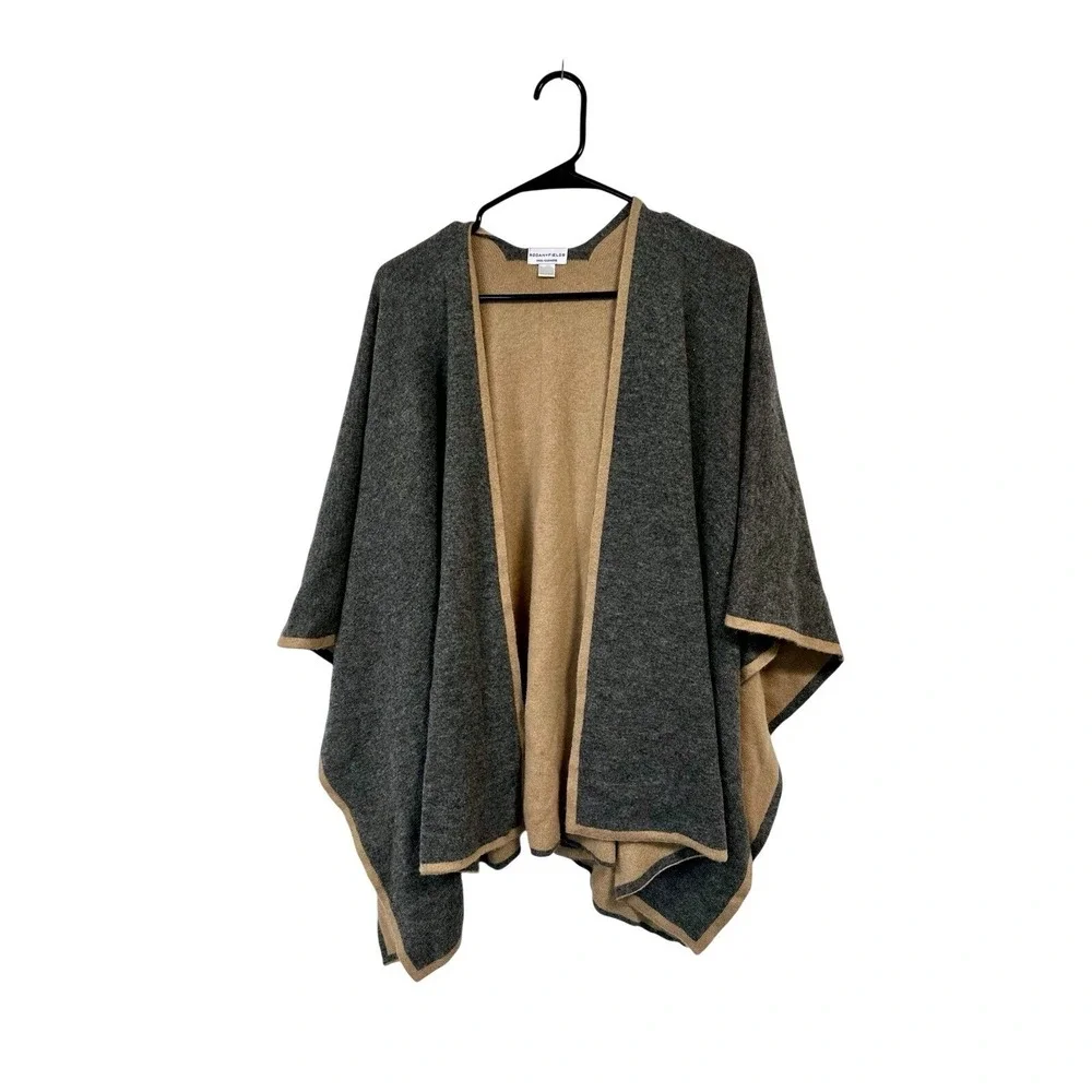 Wool-Cashmere Poncho Wrap Shawl Reversible‎ Gray Tan Soft Warm NEW